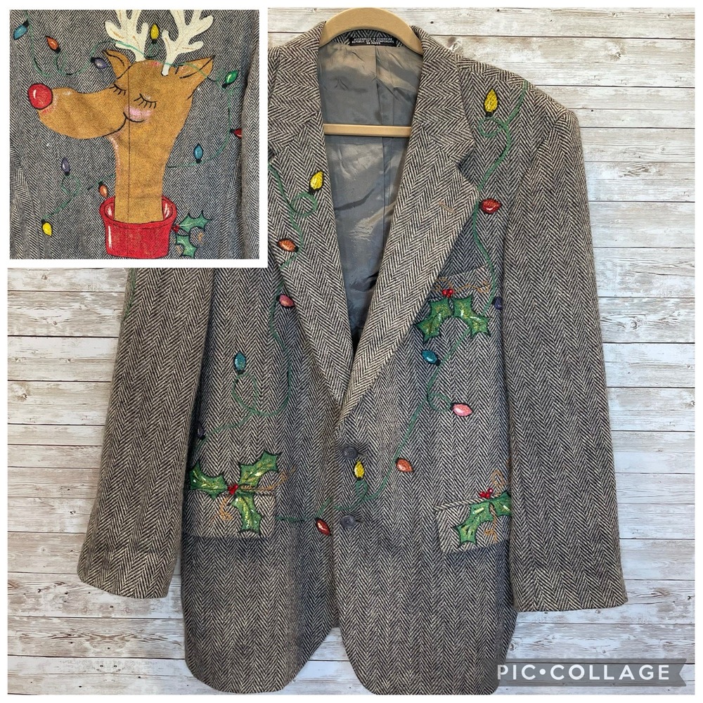Vintage One Of A Kind Christmas Womens XXL Wool Coat Hand Painted Rudolf Lights‎